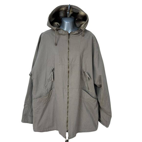 Vintage Brandon Thomas Chore Coat Reversible Khaki Brown Plaid Hooded Mens Large - Picture 1 of 16